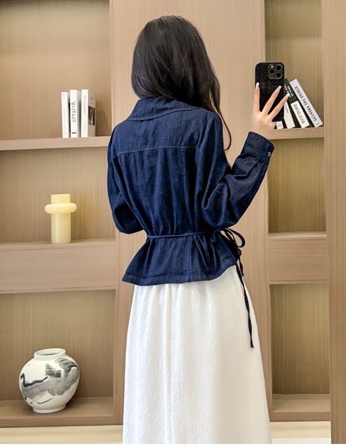 V-neck long sleeve shirt denim tops for women