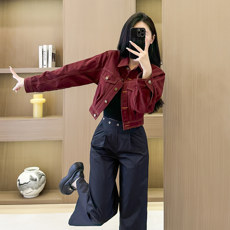 American style denim Casual loose red autumn jacket