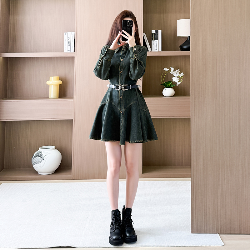 Spring denim show young dress slim long sleeve T-back