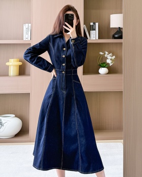 V-neck slim long dress denim work clothing