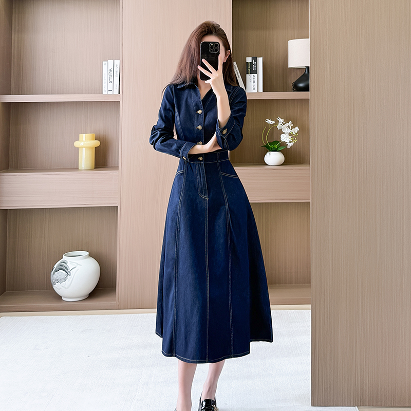 V-neck slim long dress denim work clothing