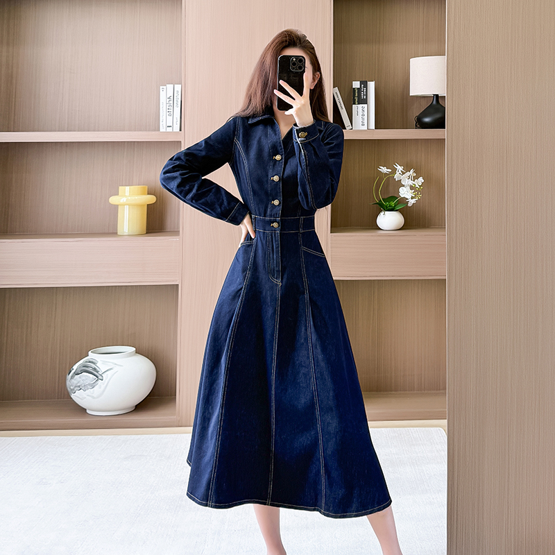 V-neck slim long dress denim work clothing