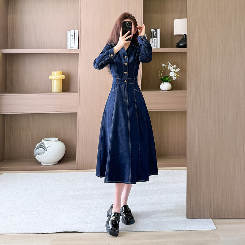 V-neck slim long dress denim work clothing