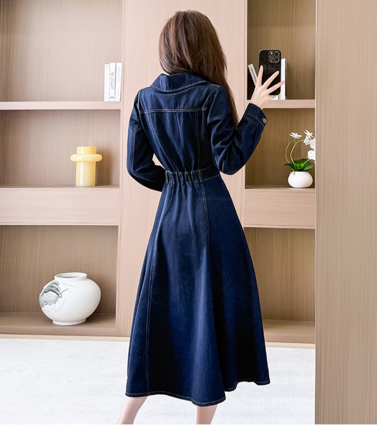 V-neck slim long dress denim work clothing