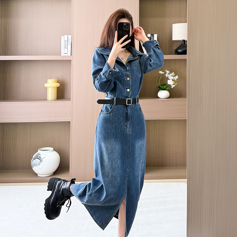 Retro personality work clothing denim long sleeve dress