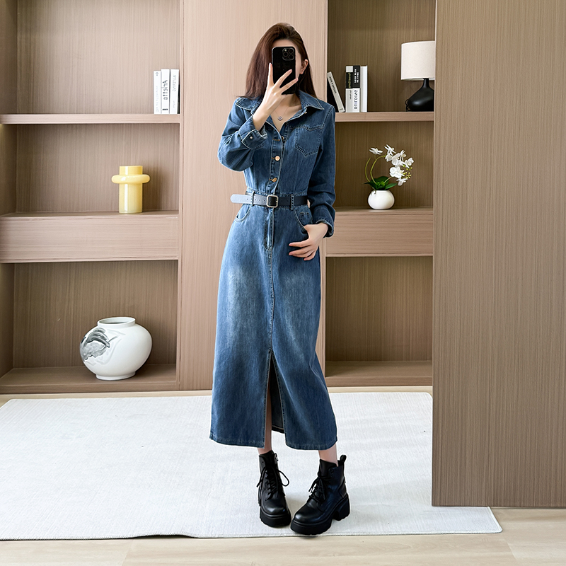 Retro personality work clothing denim long sleeve dress