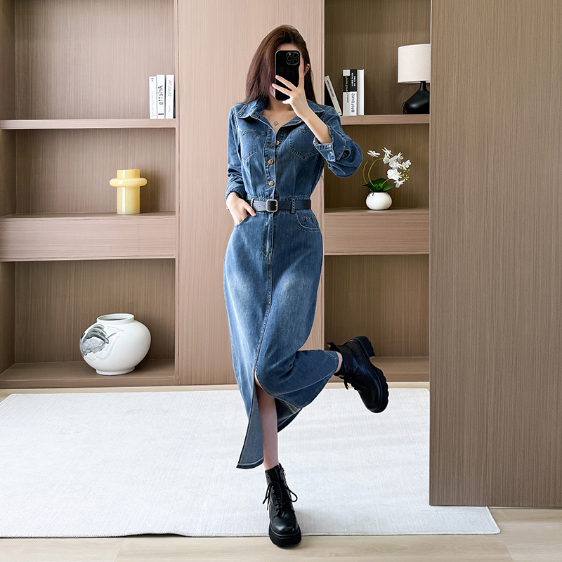 Retro personality work clothing denim long sleeve dress