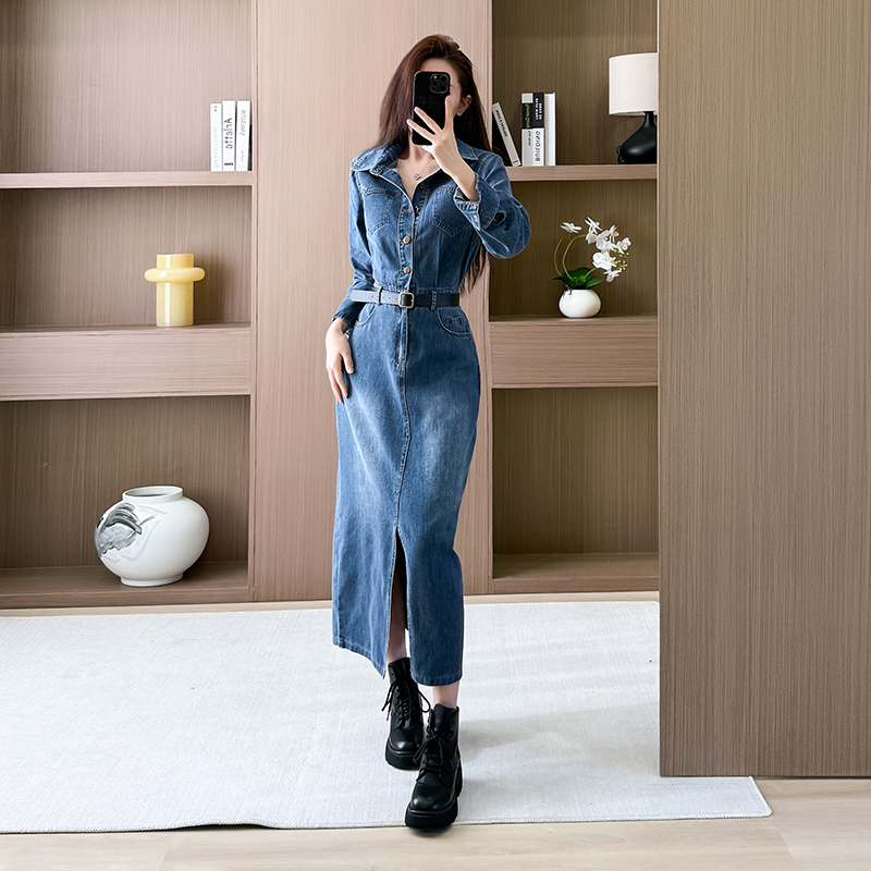 Retro personality work clothing denim long sleeve dress