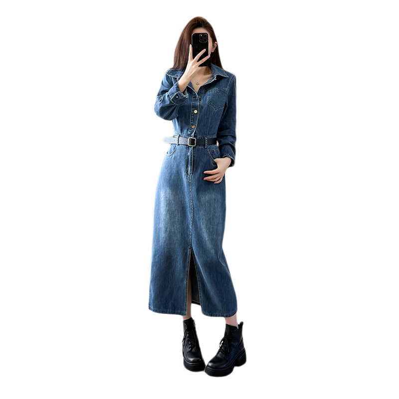Retro personality work clothing denim long sleeve dress
