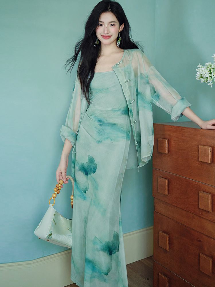 Gauze cardigan dress 2pcs set for women