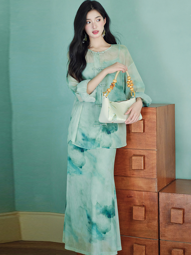 Gauze cardigan dress 2pcs set for women