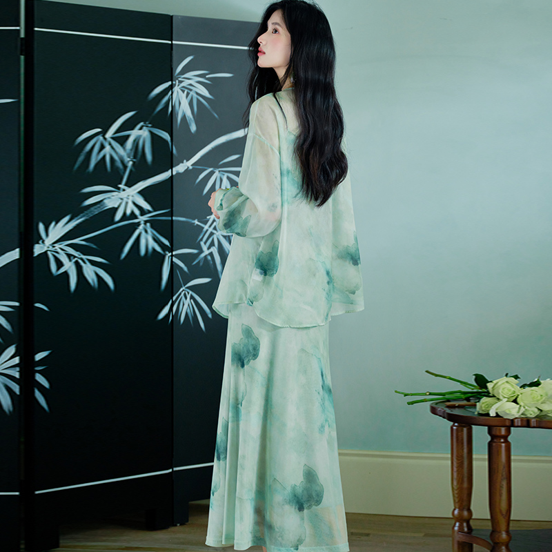 Gauze cardigan dress 2pcs set for women