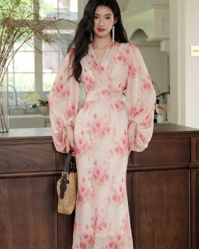 Lantern sleeve mermaid long dress floral tender dress
