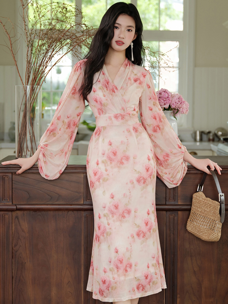 Lantern sleeve mermaid long dress floral tender dress