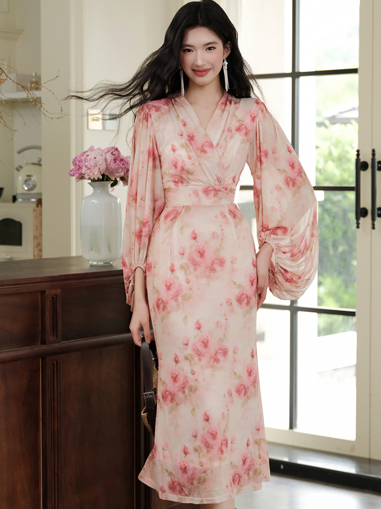 Lantern sleeve mermaid long dress floral tender dress