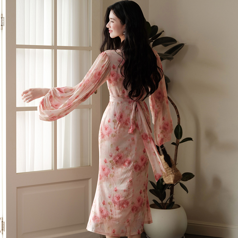 Lantern sleeve mermaid long dress floral tender dress