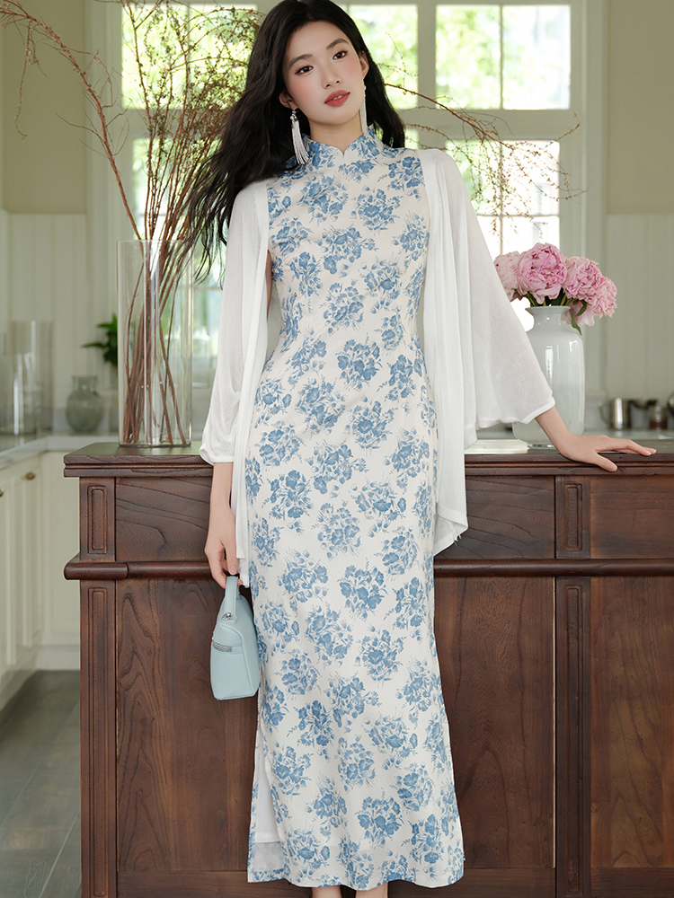 Cotton printing Chinese style slim cheongsam 2pcs set