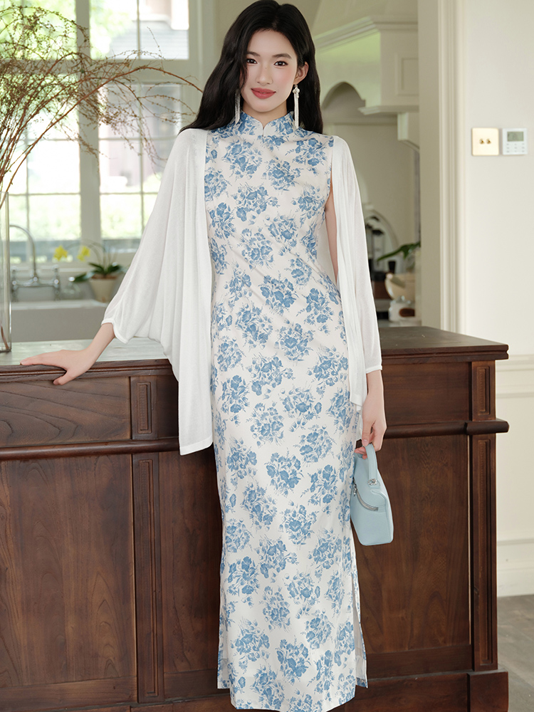 Cotton printing Chinese style slim cheongsam 2pcs set
