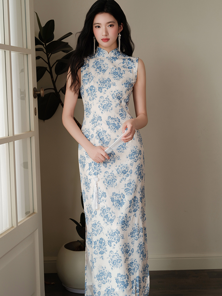 Cotton printing Chinese style slim cheongsam 2pcs set
