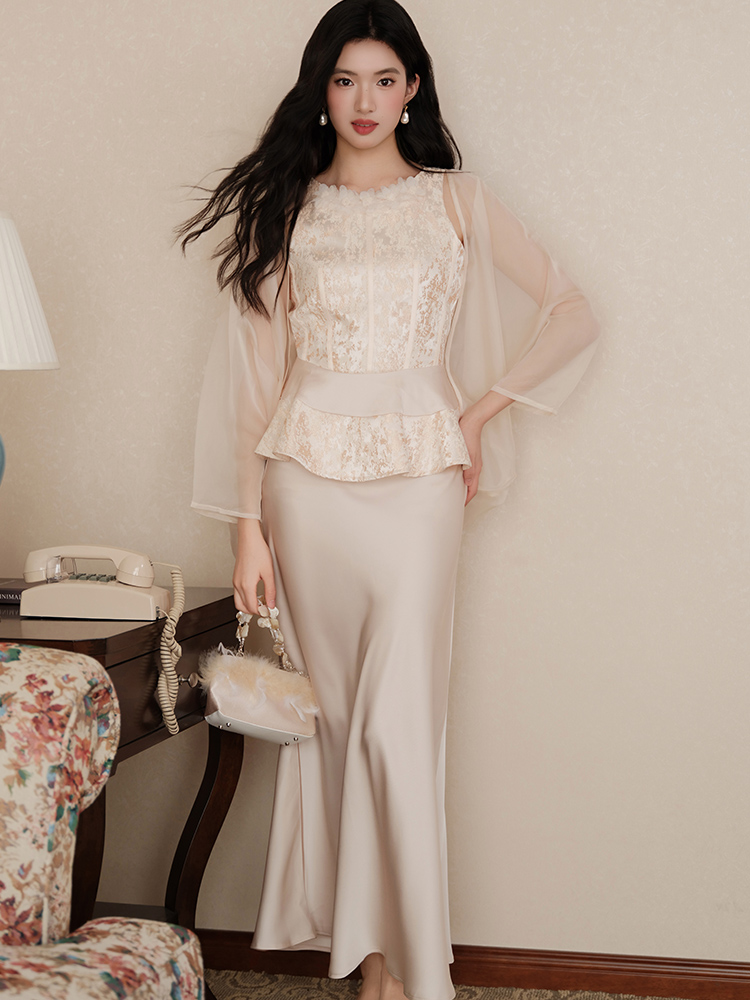 Jacquard cardigan bat sleeve tops 3pcs set