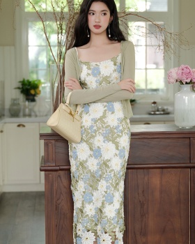 Slim lace hollow summer green strap dress 2pcs set