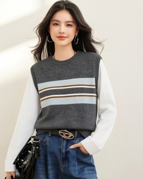 Mixed colors spring tops long sleeve Pseudo-two sweater