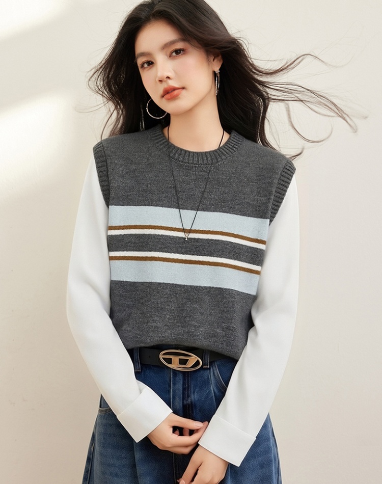 Mixed colors spring tops long sleeve Pseudo-two sweater
