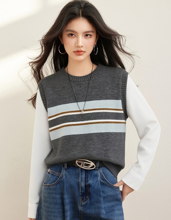 Mixed colors spring tops long sleeve Pseudo-two sweater