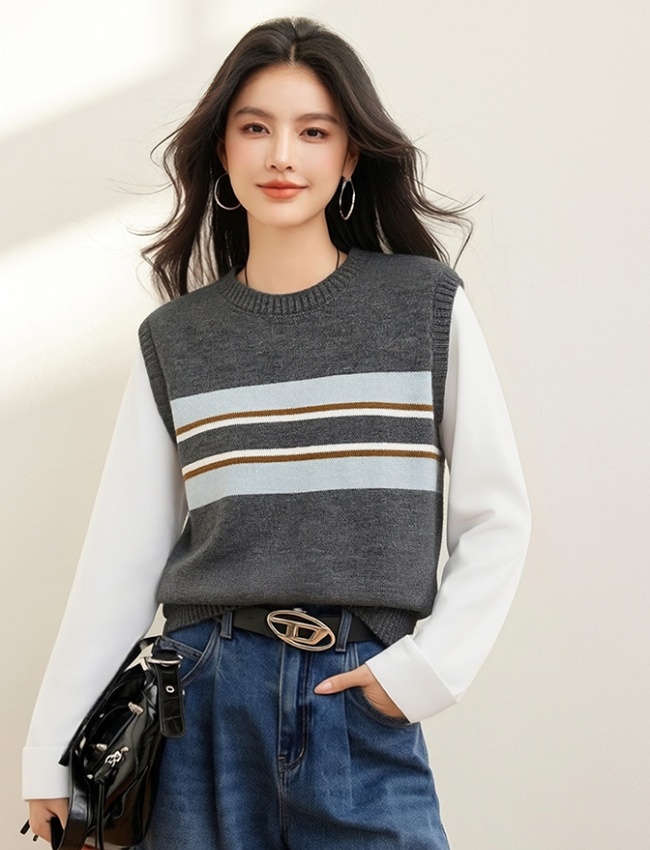 Mixed colors spring tops long sleeve Pseudo-two sweater