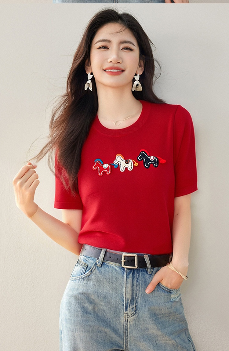 Loose short sleeve tops embroidery niche T-shirt for women