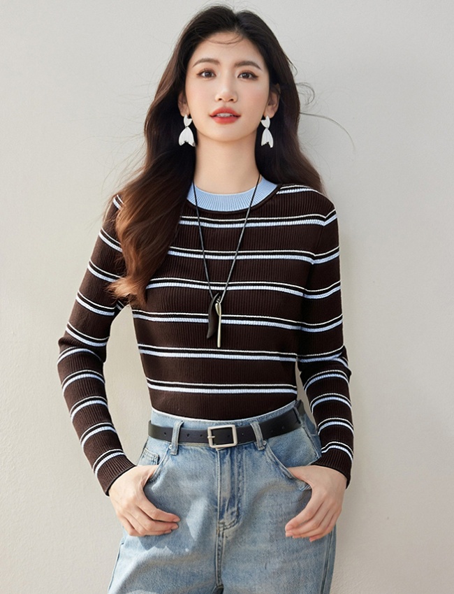 Mixed colors stripe tops slim sweater for women