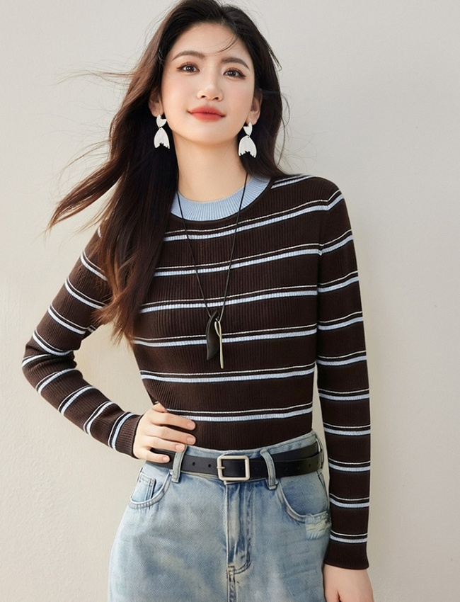 Mixed colors stripe tops slim sweater for women