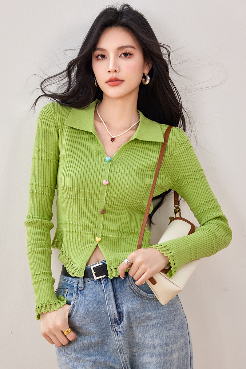 V-neck green tops spring pullover sweater for women