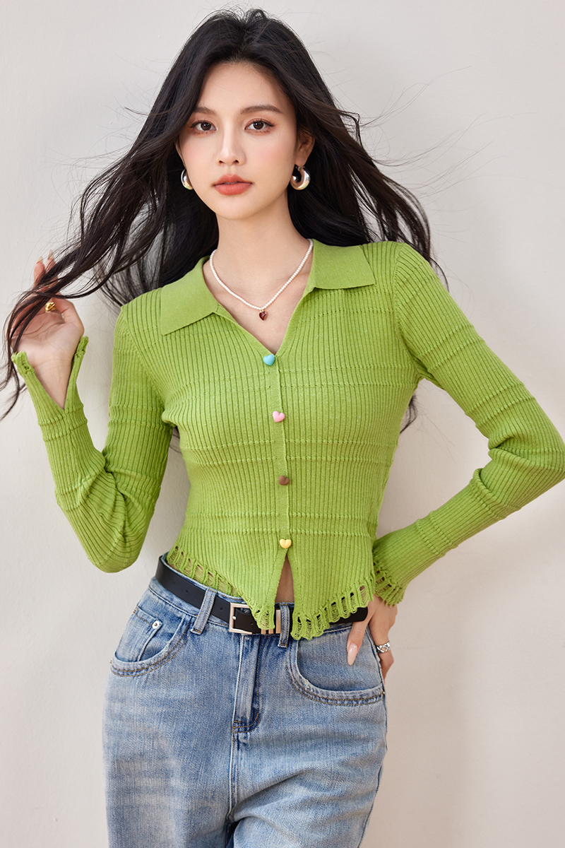 V-neck green tops spring pullover sweater for women
