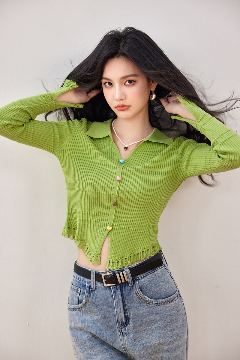 V-neck green tops spring pullover sweater for women