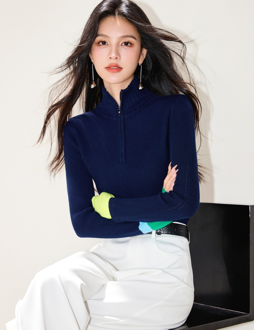 Autumn slim splice tops mixed colors blending sweater