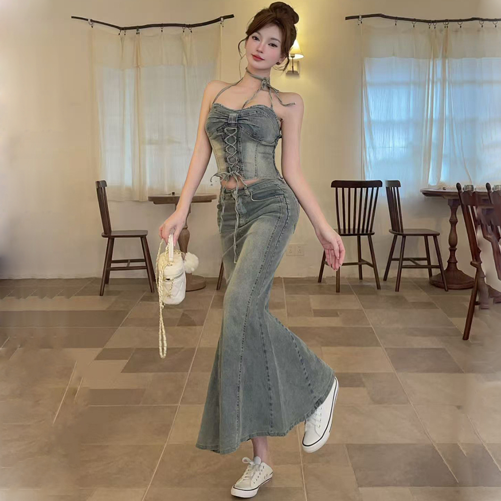 Slim sling Casual bandage mermaid spicegirl skirt 2pcs set