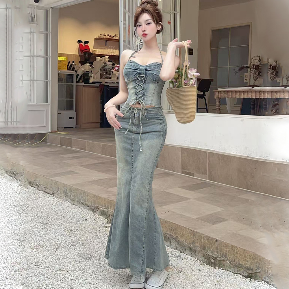 Slim sling Casual bandage mermaid spicegirl skirt 2pcs set