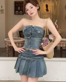 Single-breasted denim vest sexy short skirt 2pcs set