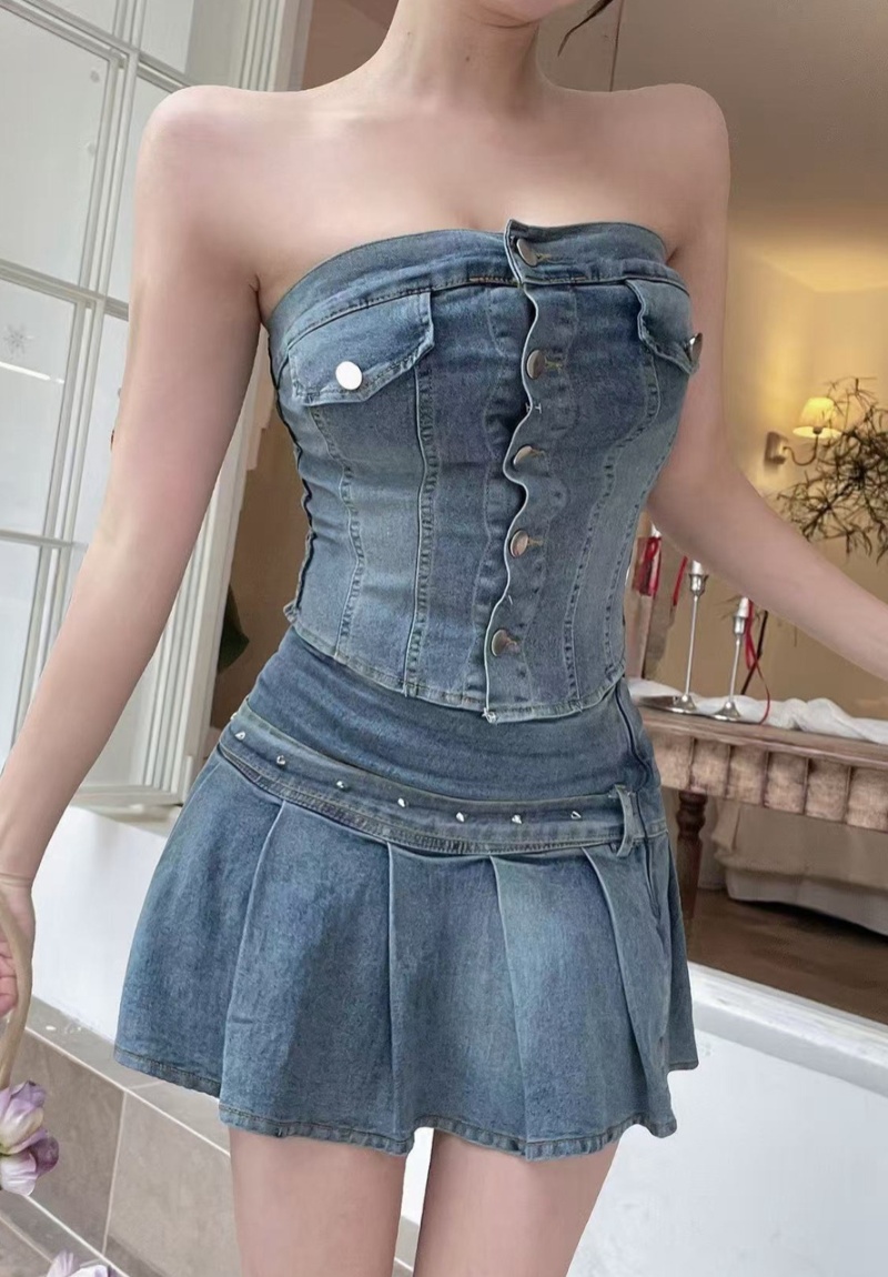 Single-breasted denim vest sexy short skirt 2pcs set