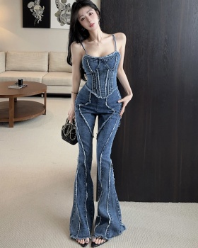 Burr high waist tops slim sling wide leg pants 2pcs set for women