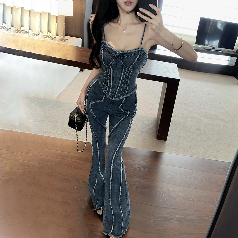 Burr high waist tops slim sling wide leg pants 2pcs set for women