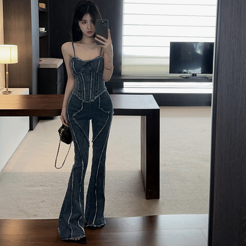 Burr high waist tops slim sling wide leg pants 2pcs set for women