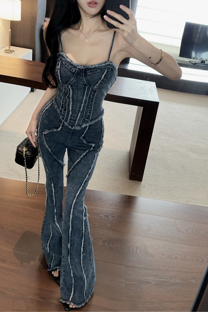 Burr high waist tops slim sling wide leg pants 2pcs set for women