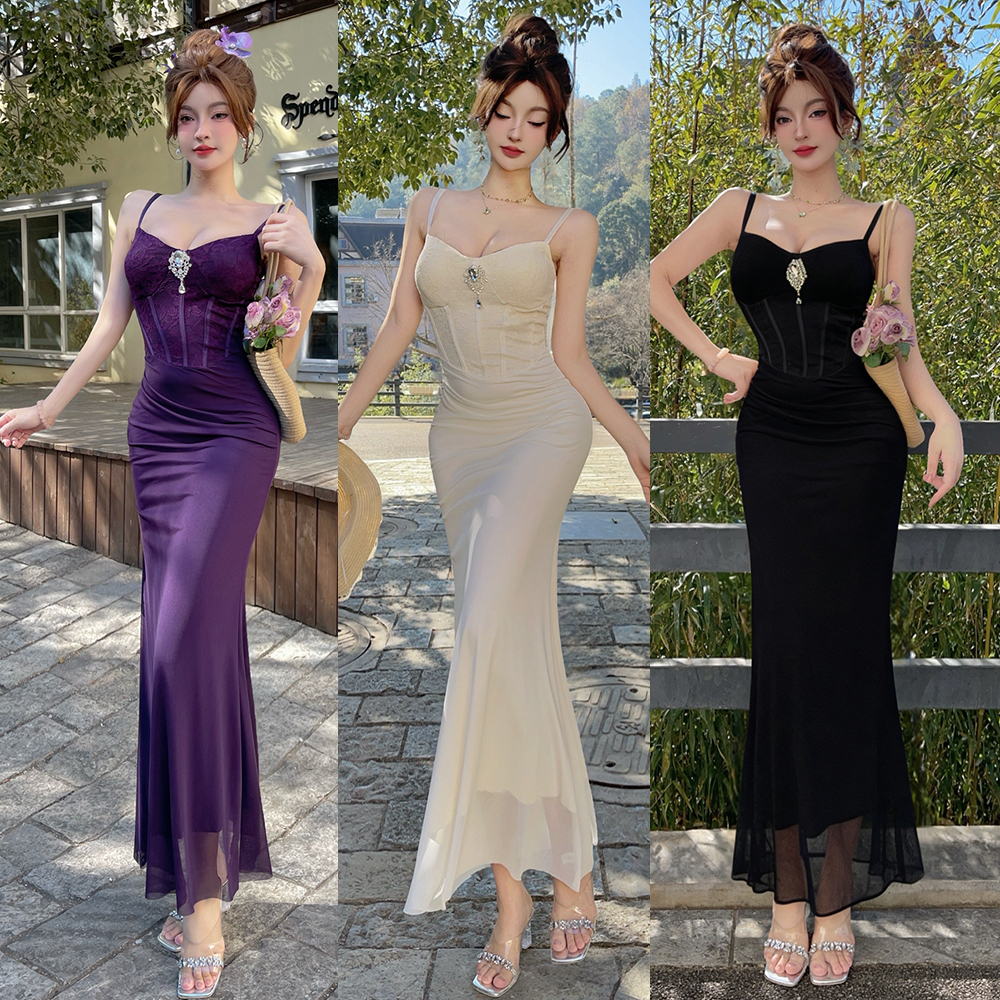 V-neck sling long dress with chest pad formal dress