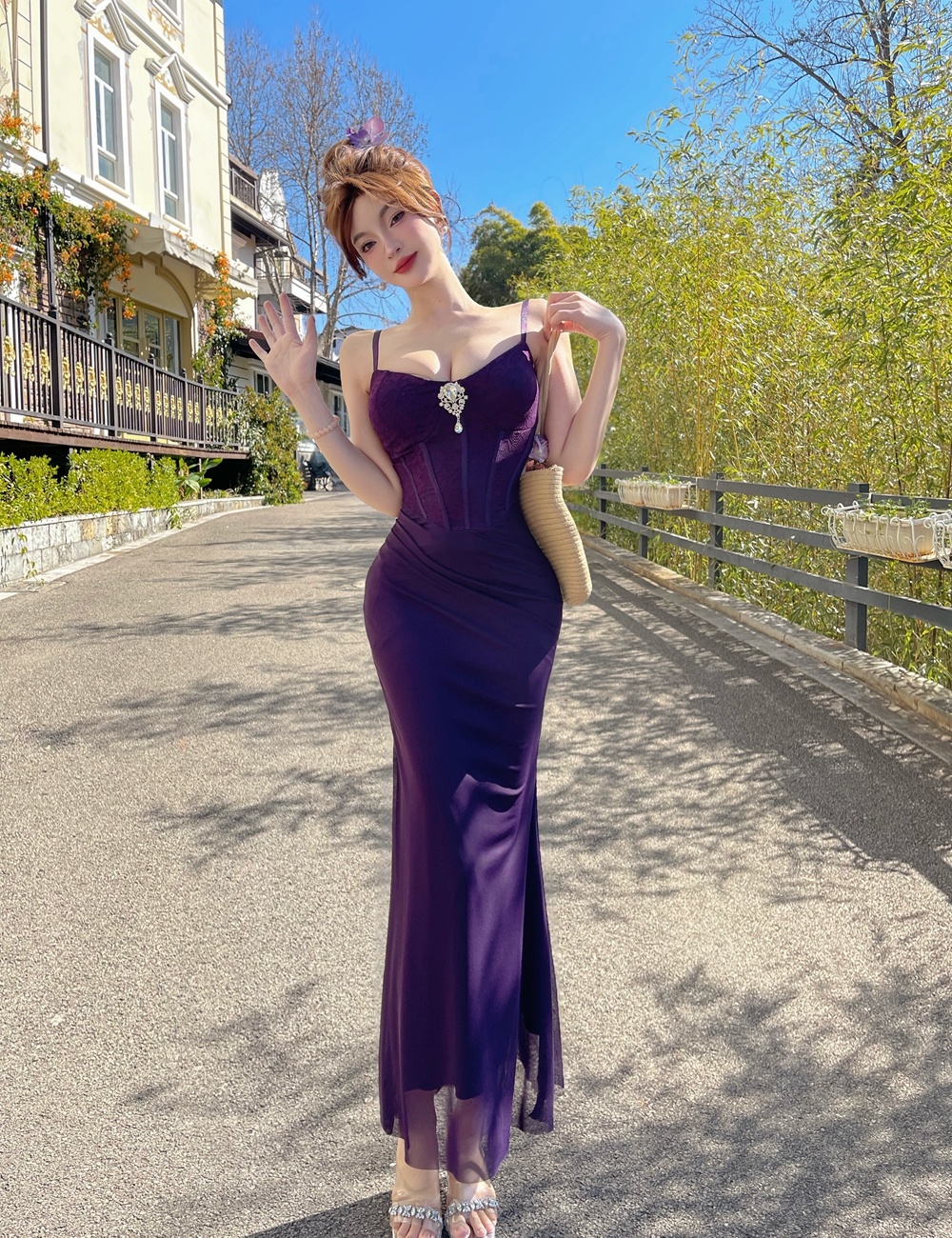 V-neck sling long dress with chest pad formal dress