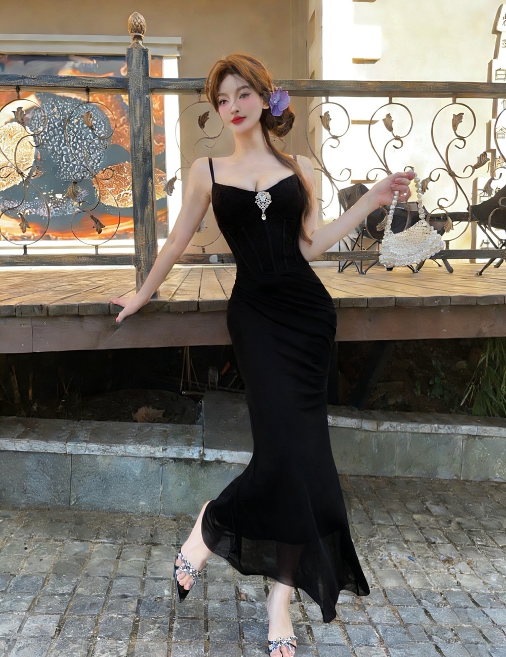 V-neck sling long dress with chest pad formal dress