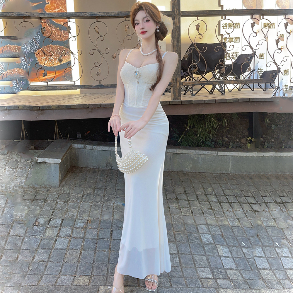V-neck sling long dress with chest pad formal dress