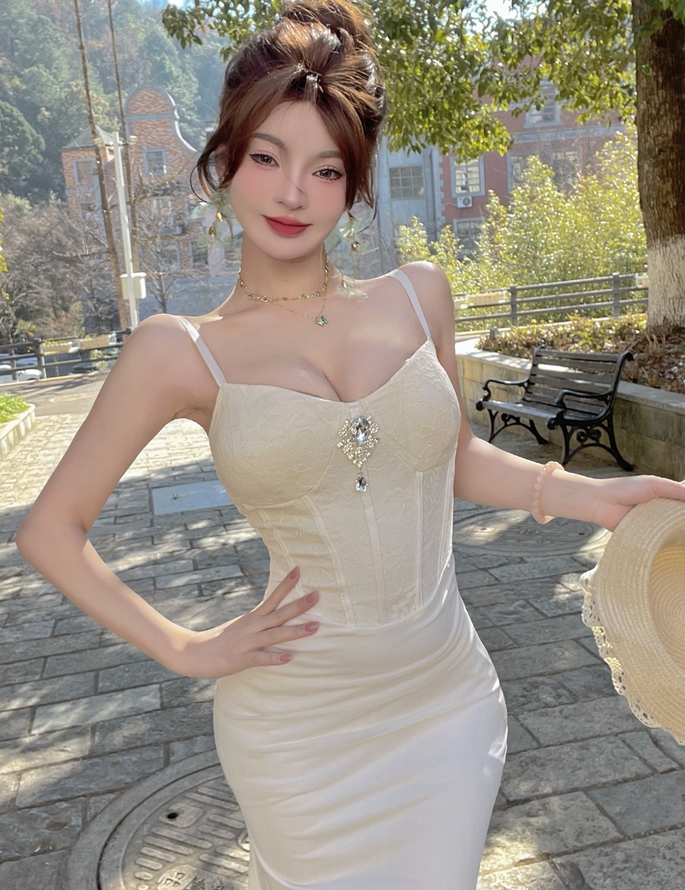 V-neck sling long dress with chest pad formal dress