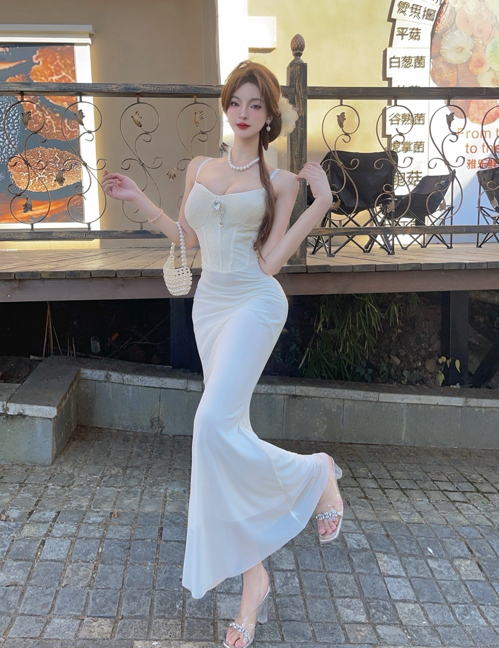 V-neck sling long dress with chest pad formal dress